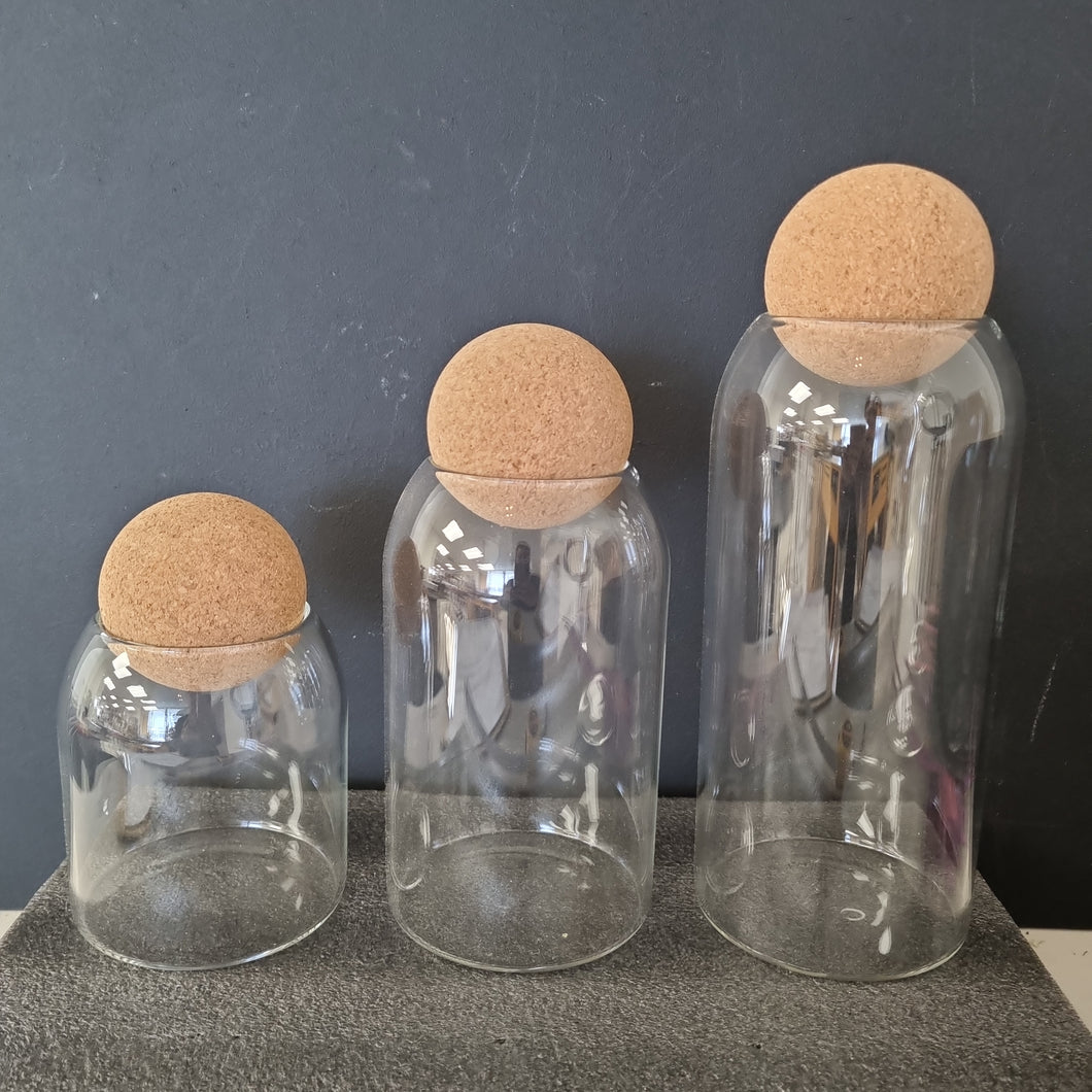Glass Container with cork ball stopper - set of 3
